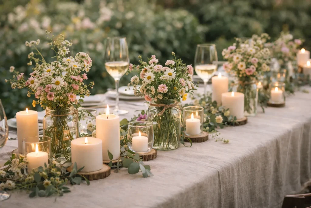 decoração de mesa de casamento simples com flores do campo em potes de vidro e velas acesas