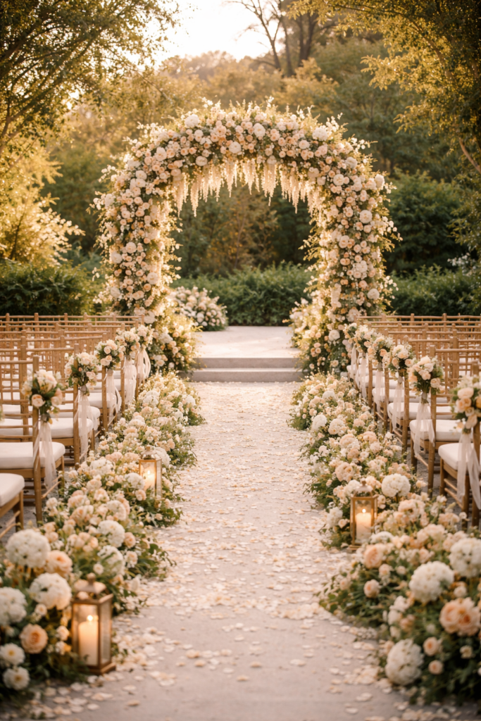 decoração de cerimônia de casamento 2026 com arco floral e corredor decorado