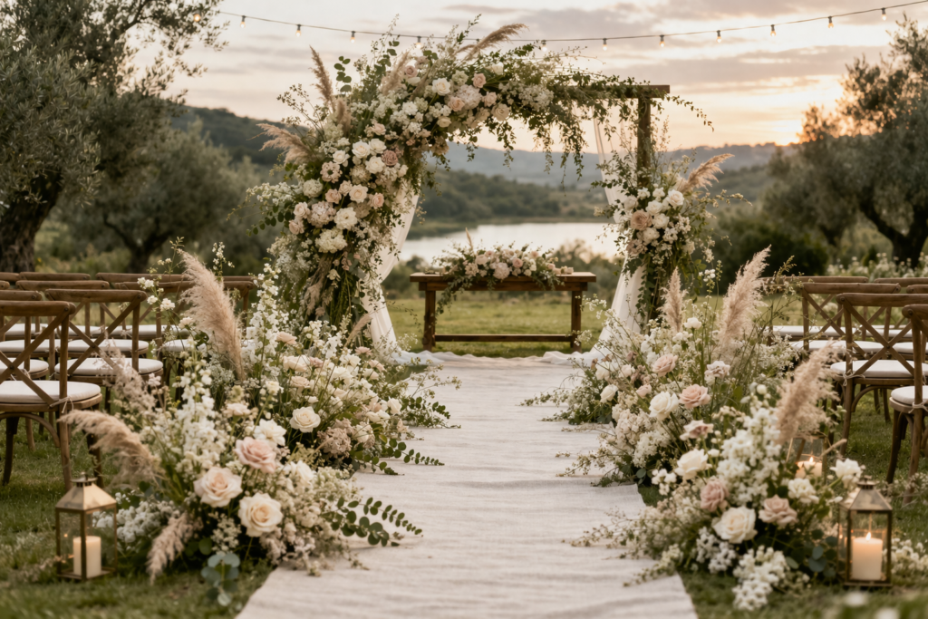 decoração de cerimônia de casamento 2026 ao ar livre com arco floral e corredor decorado