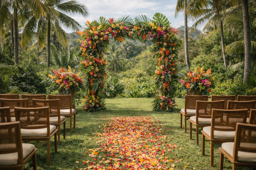 decoração tropical de casamento 2026 no Brasil com flores coloridas e folhas exóticas