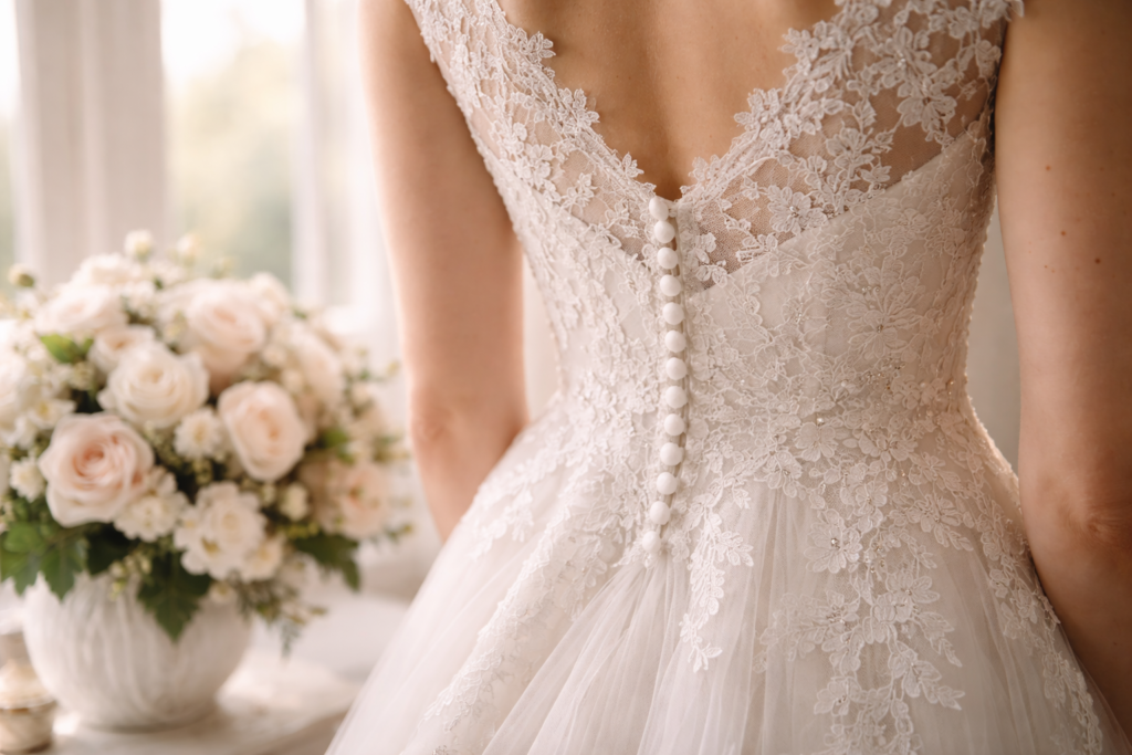 detalhe de vestido de noiva com renda e botoes nas costas acabamento delicado