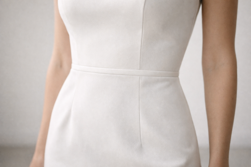 Detalhe de tecido e corte de vestido de noiva minimalista para casamento civil