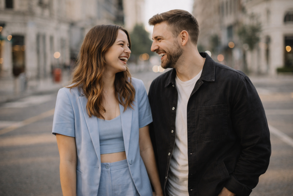 casal descontraído sorrindo durante ensaio pré wedding na cidade