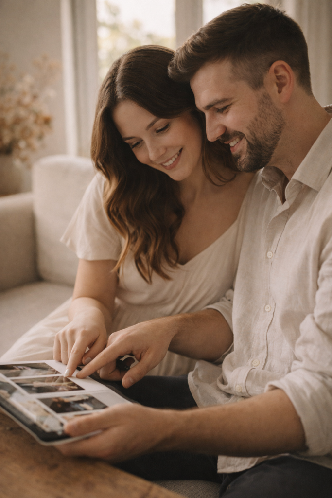 casal escolhendo juntos as melhores fotos do ensaio pré wedding