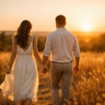 casal em ensaio pré wedding ao pôr do sol em campo aberto