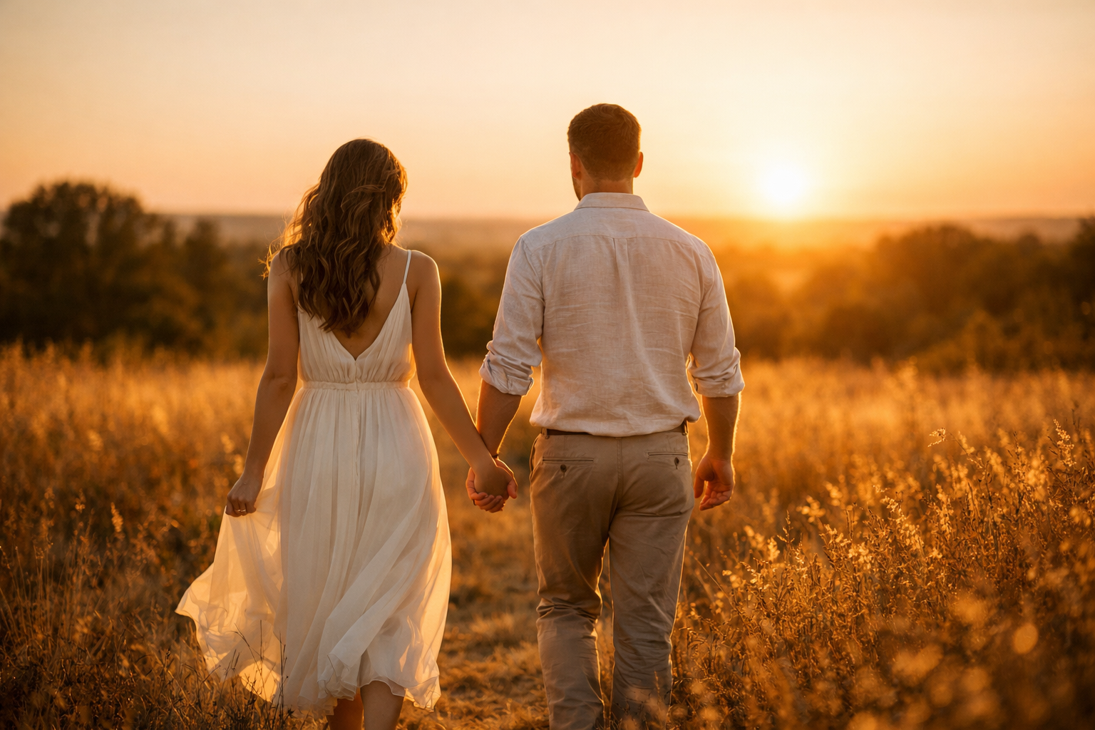 casal em ensaio pré wedding ao pôr do sol em campo aberto
