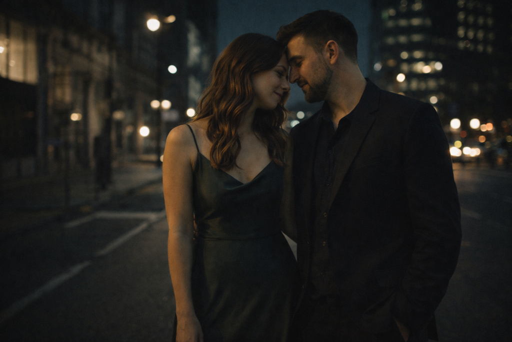 ensaio pré wedding com estética cinematográfica em locação urbana 2026