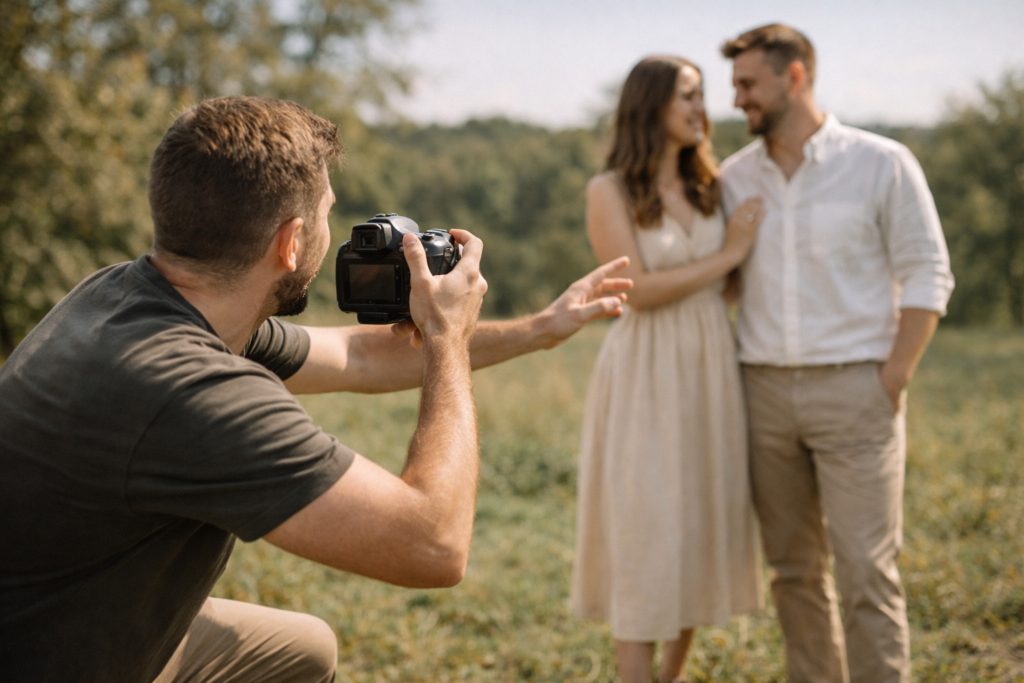 fotógrafo direcionando casal durante ensaio pré wedding ao ar livre
