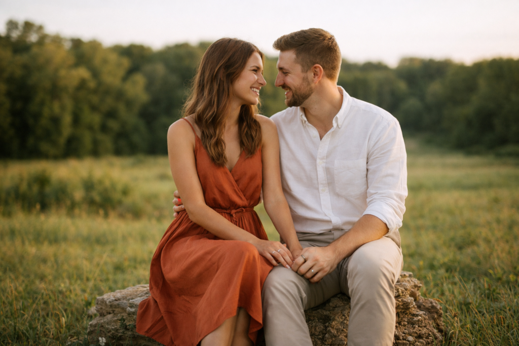 casal em ensaio pré wedding em locação natural com campo ao fundo