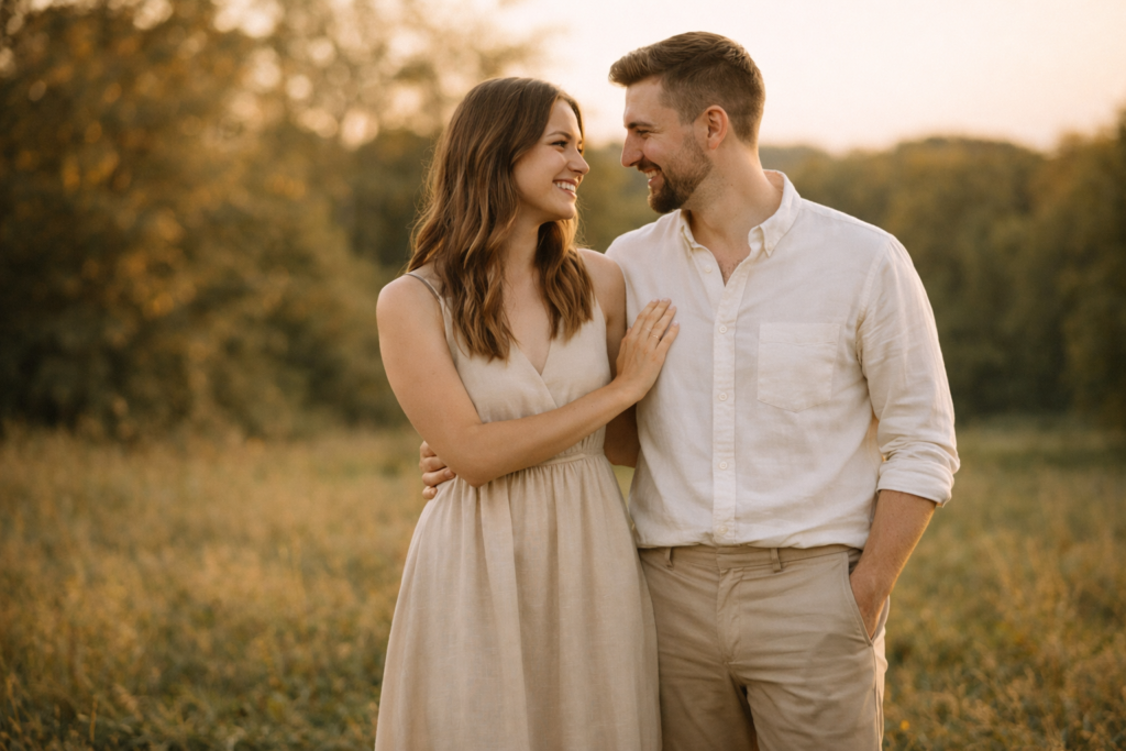 casal em ensaio pré wedding com looks harmoniosos em tons neutros