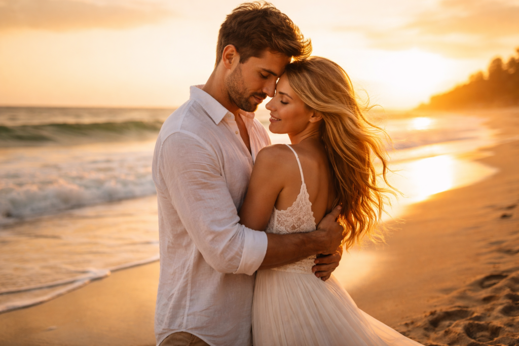 ensaio pre wedding casal abraçado na praia ao pôr do sol luz dourada