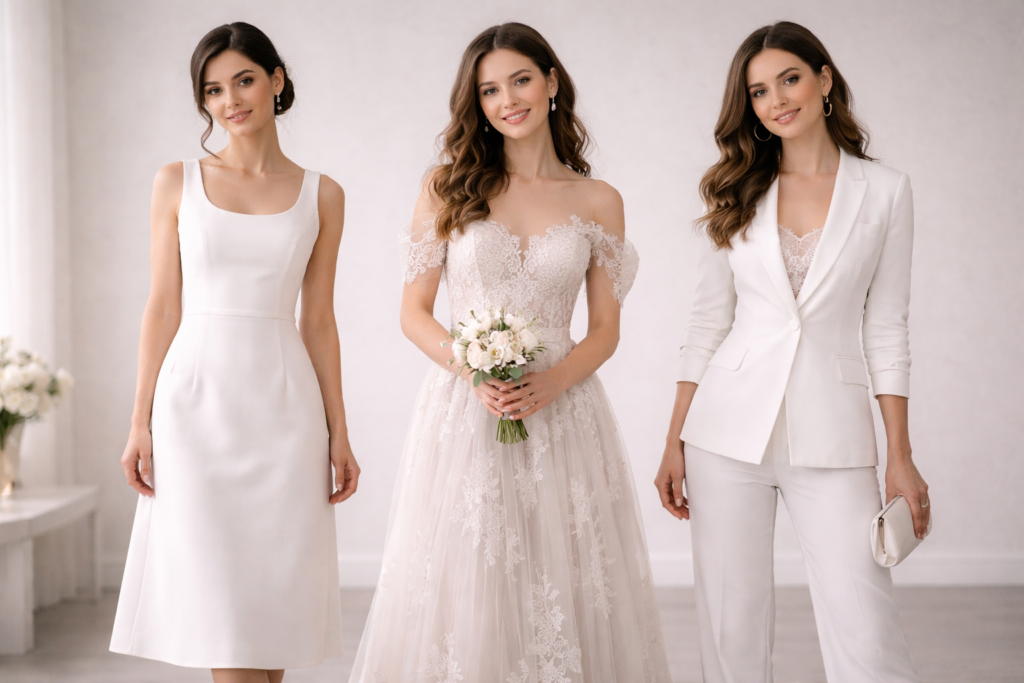 Três estilos de vestido de noiva para casamento civil — minimalista, alfaiataria e romântico