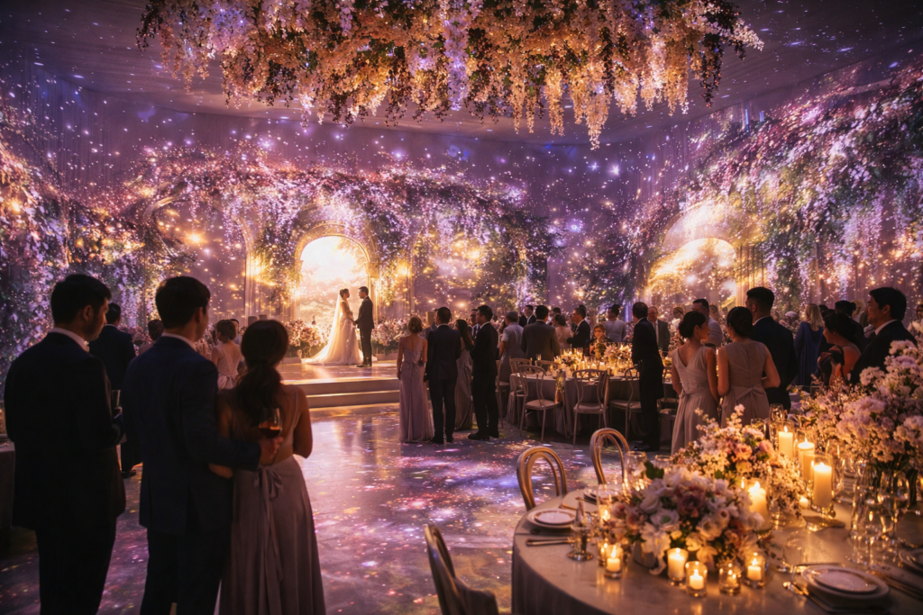 experiência imersiva em casamento 2026 com iluminação cenográfica e projeção mapeada