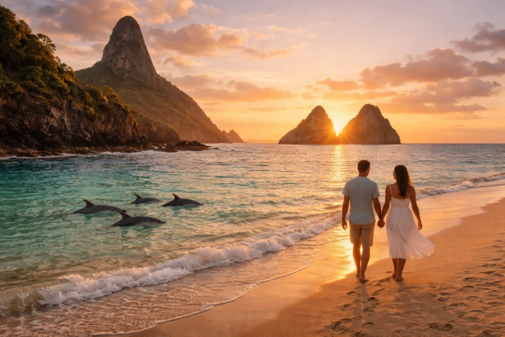 casal caminhando na praia de fernando de noronha com golfinhos no mar ao pôr do sol