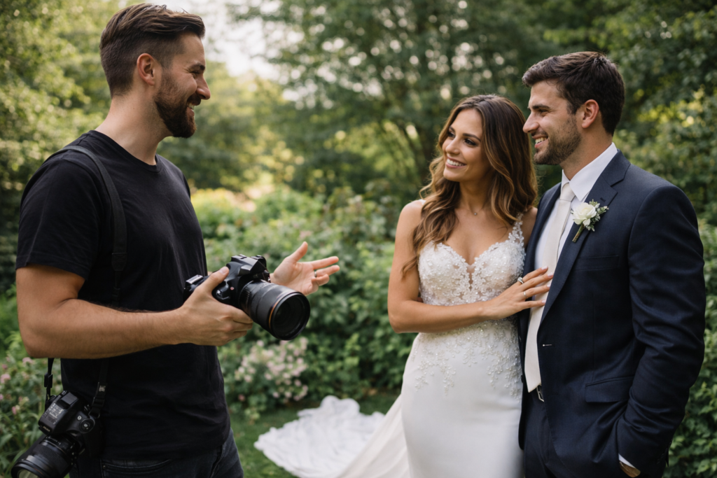 fotógrafo de casamento orientando casal durante ensaio fotográfico