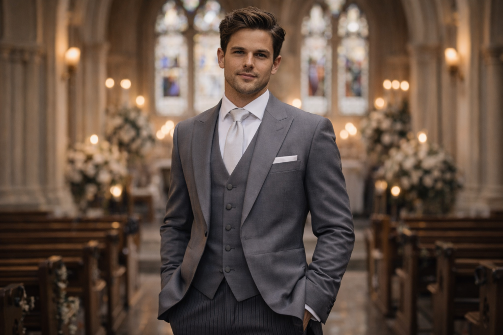 noivo com fraque cinza em casamento religioso tradicional traje do noivo 2026