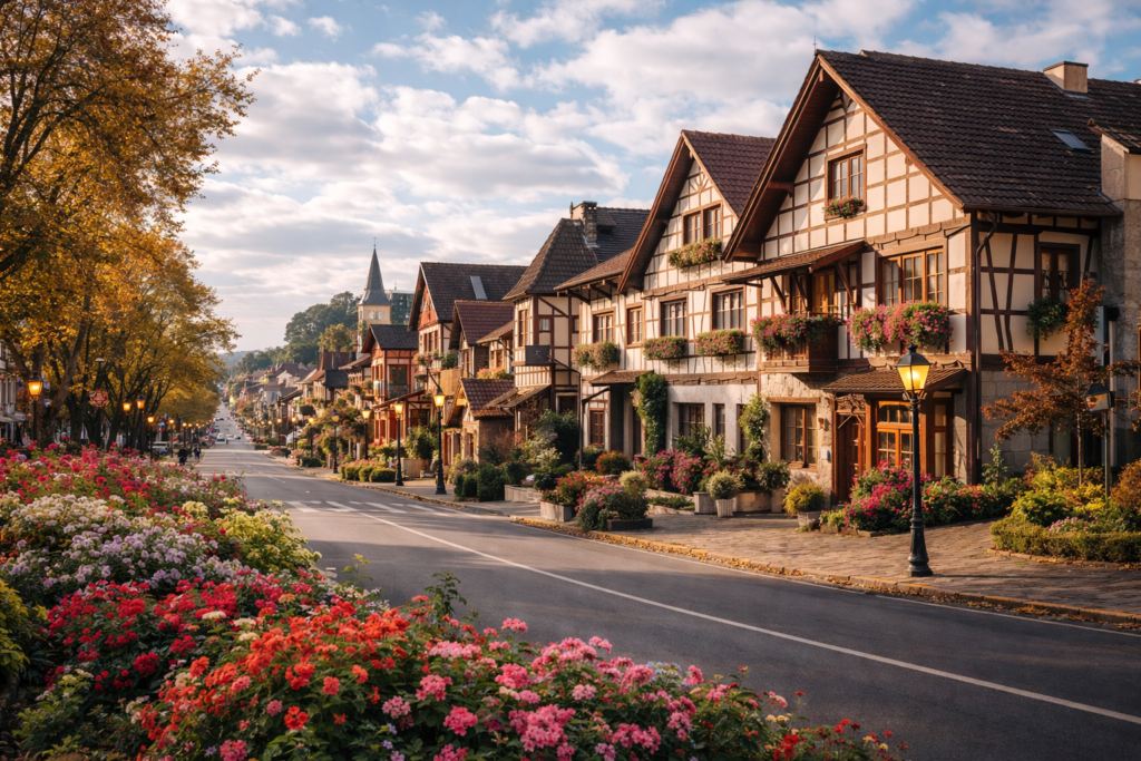 ruas floridas de Gramado com arquitetura europeia perfeitas para lua de mel