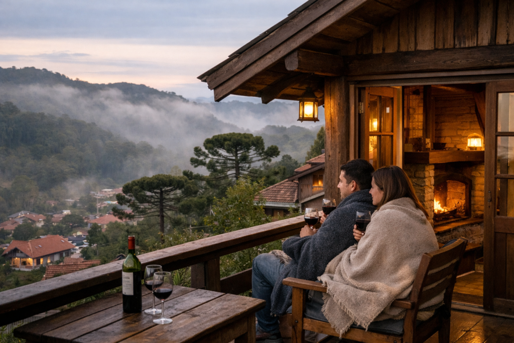 chalé romântico em gramado com iluminação quente e casal em clima aconchegante na serra gaúcha