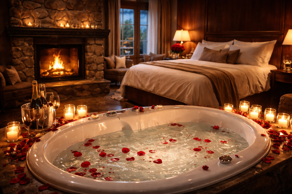 : suíte romântica de hotel para lua de mel em Gramado com lareira e hidromassagem