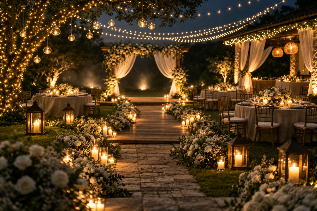 iluminação de decoração de casamento 2026 com luzes quentes criando ambiente romântico