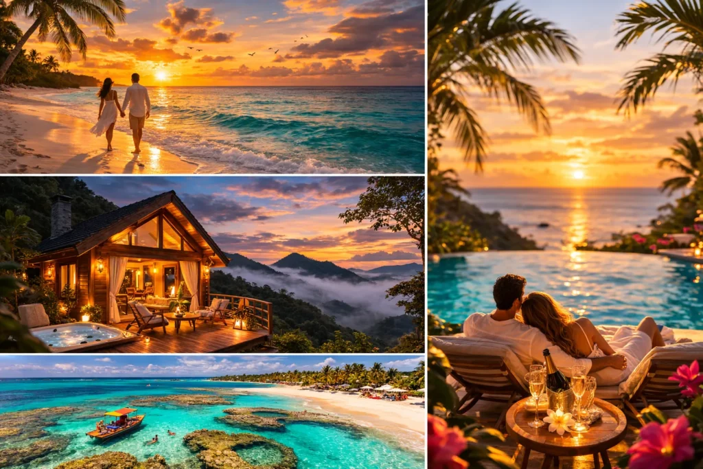 Destinos de lua de mel no brasil praia tropical serra com chalé romântico e resort com piscina ao pôr do sol