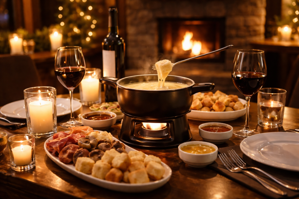 jantar romântico de fondue com velas durante lua de mel em Gramado