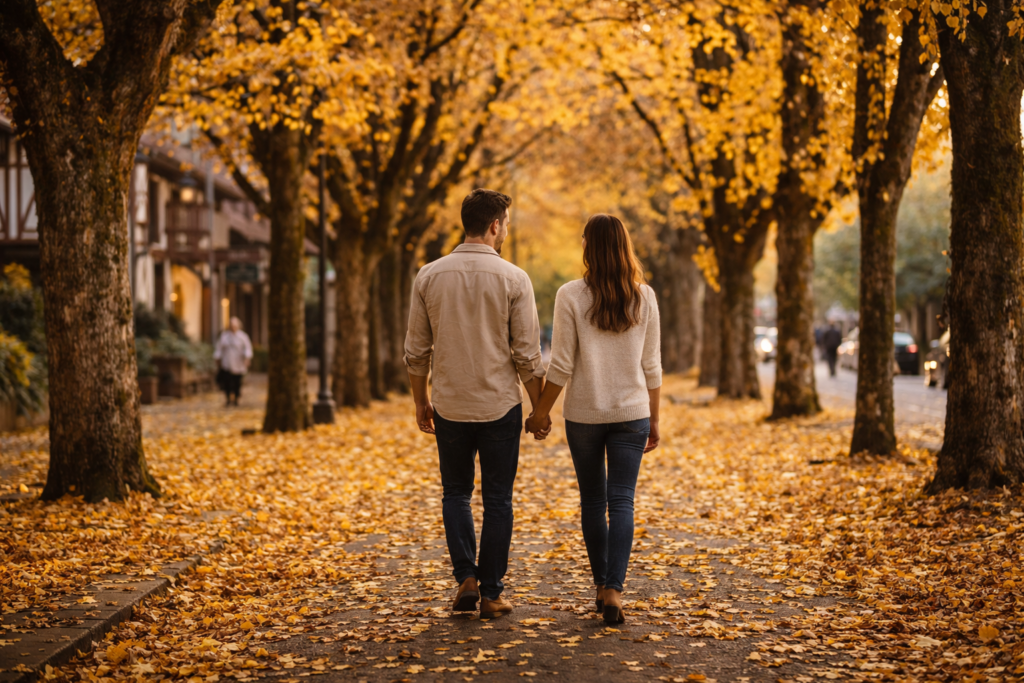 casal caminhando na Rua dos Plátanos durante lua de mel em Gramado no outono