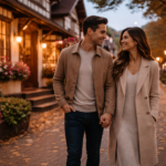 casal caminhando de mãos dadas em rua de Gramado ao entardecer com arquitetura europeia ao fundo