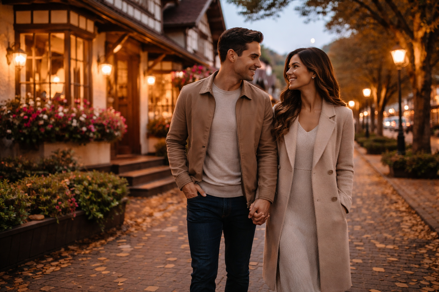 casal caminhando de mãos dadas em rua de Gramado ao entardecer com arquitetura europeia ao fundo