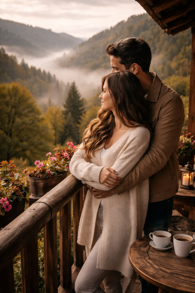 casal abraçado na varanda ao amanhecer durante lua de mel em Gramado com vista para o vale