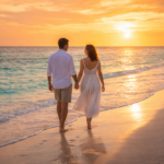 casal caminhando na praia ao pôr do sol em lua de mel no brasil