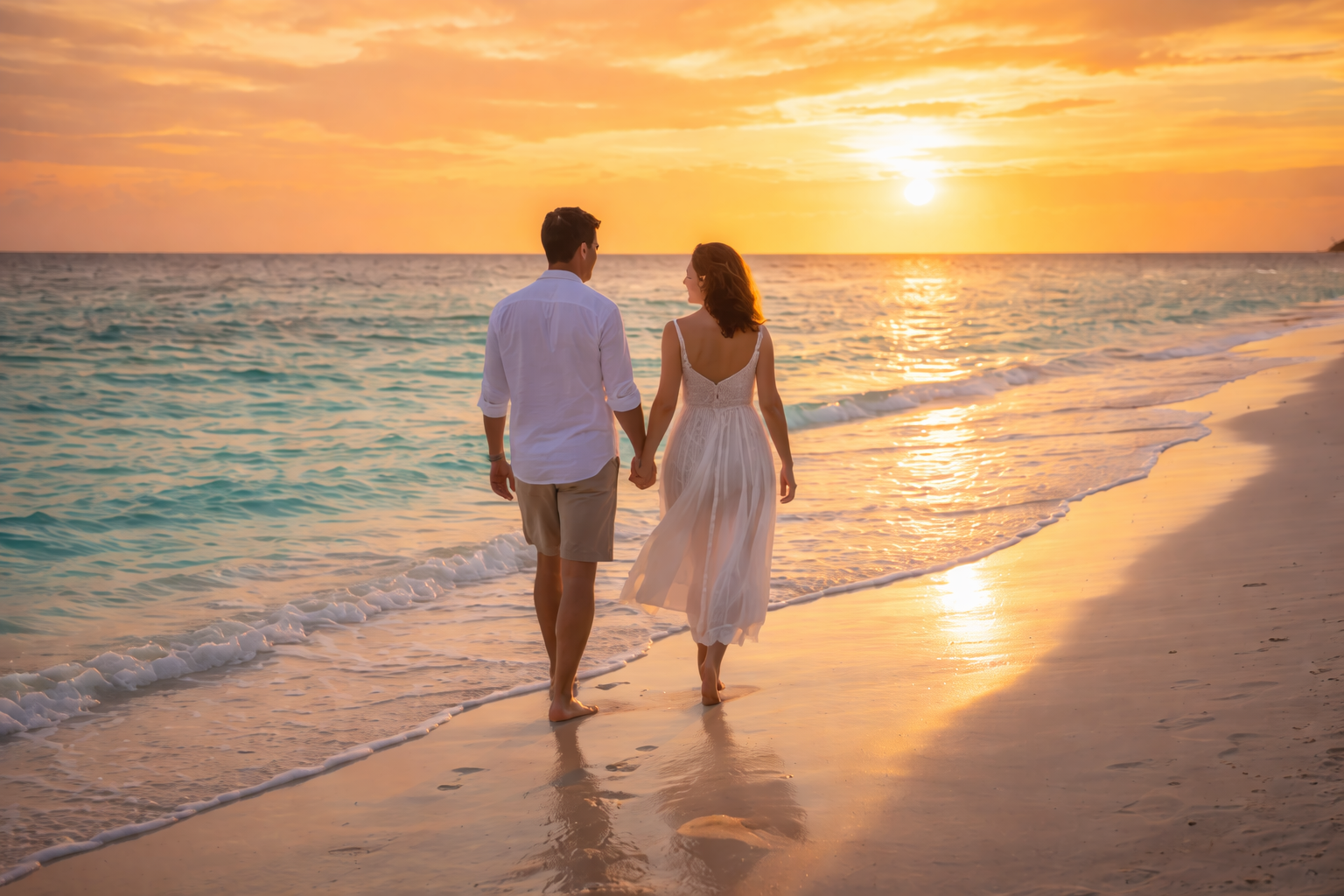 casal caminhando na praia ao pôr do sol em lua de mel no brasil