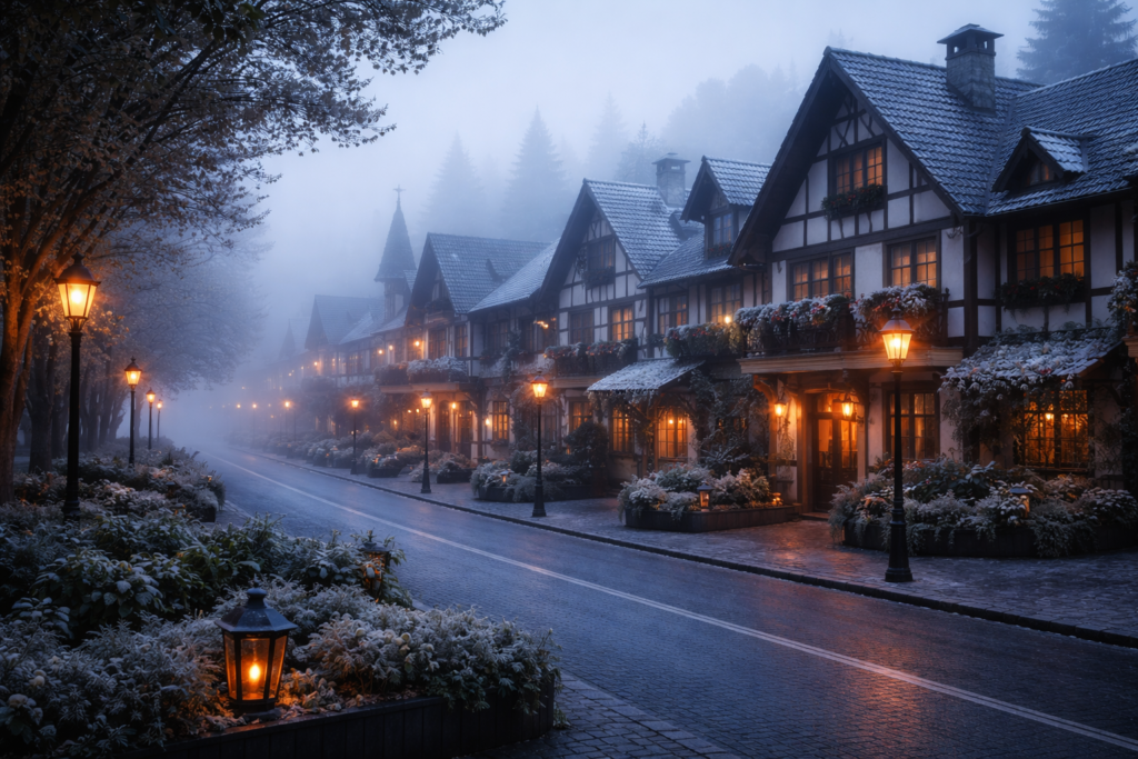 Gramado no inverno com neblina e arquitetura europeia