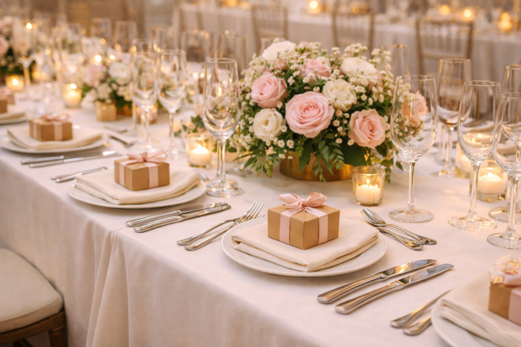 mesa de casamento decorada com lembrancinha no lugar dos convidados