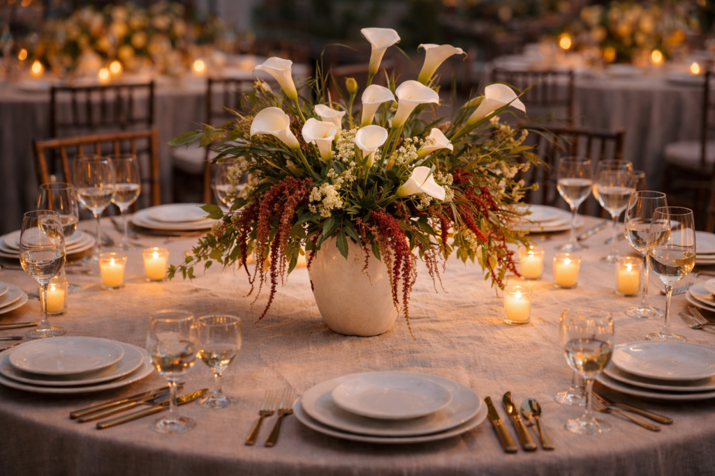 decoração de casamento 2026 mesa de convidados com centro de mesa de flores esculturais e toalha de linho