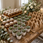mesa de lembrancinhas de casamento decorada com flores e velas