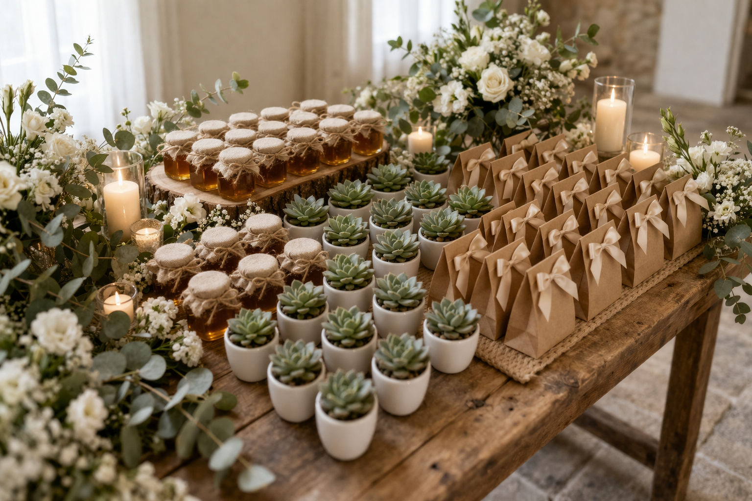 mesa de lembrancinhas de casamento decorada com flores e velas