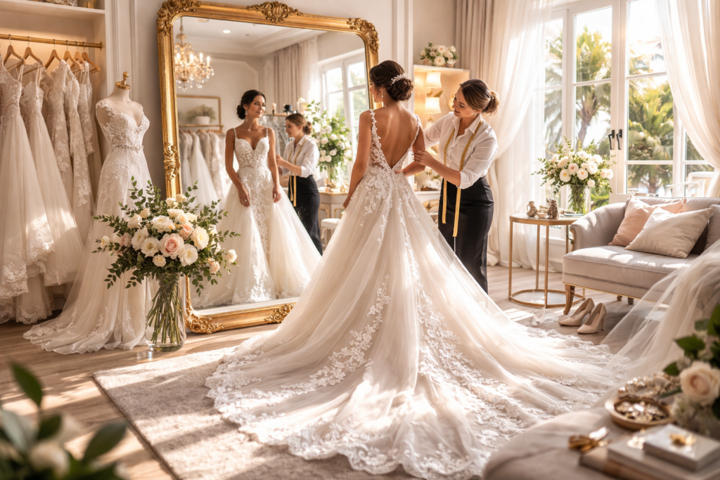 Noiva com vestido de noiva estilo sereia em cenário romântico ao ar livre durante o pôr do sol.