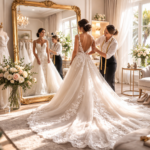 Noiva com vestido de noiva estilo sereia em cenário romântico ao ar livre durante o pôr do sol.