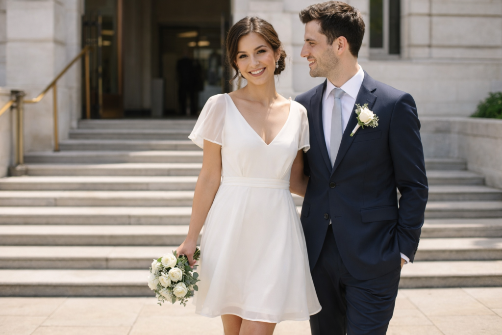 Noiva sorrindo com vestido leve após cerimônia de casamento civil no cartório