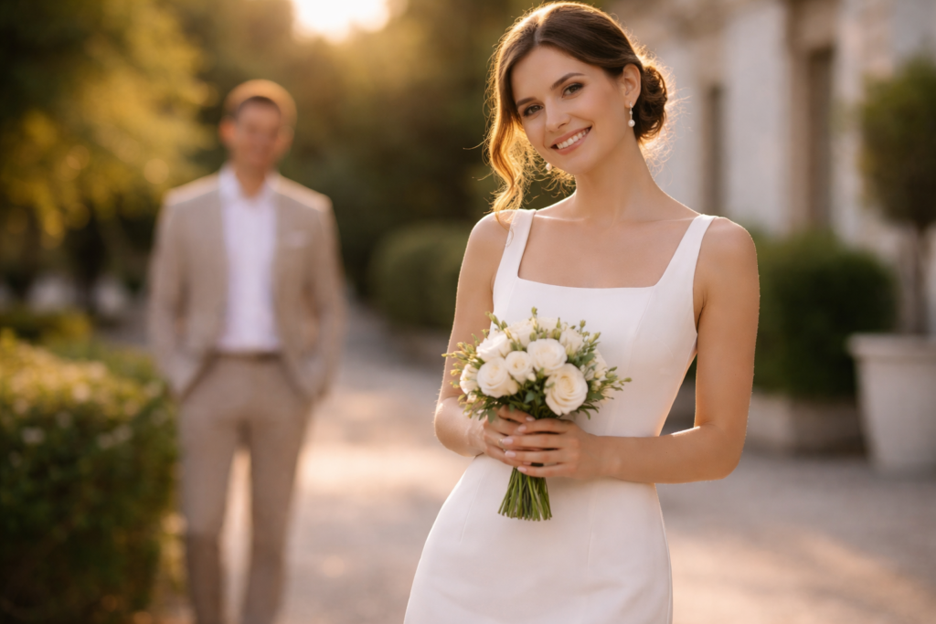 Noiva sorrindo com buquê branco após casamento civil com luz dourada ao entardecer
