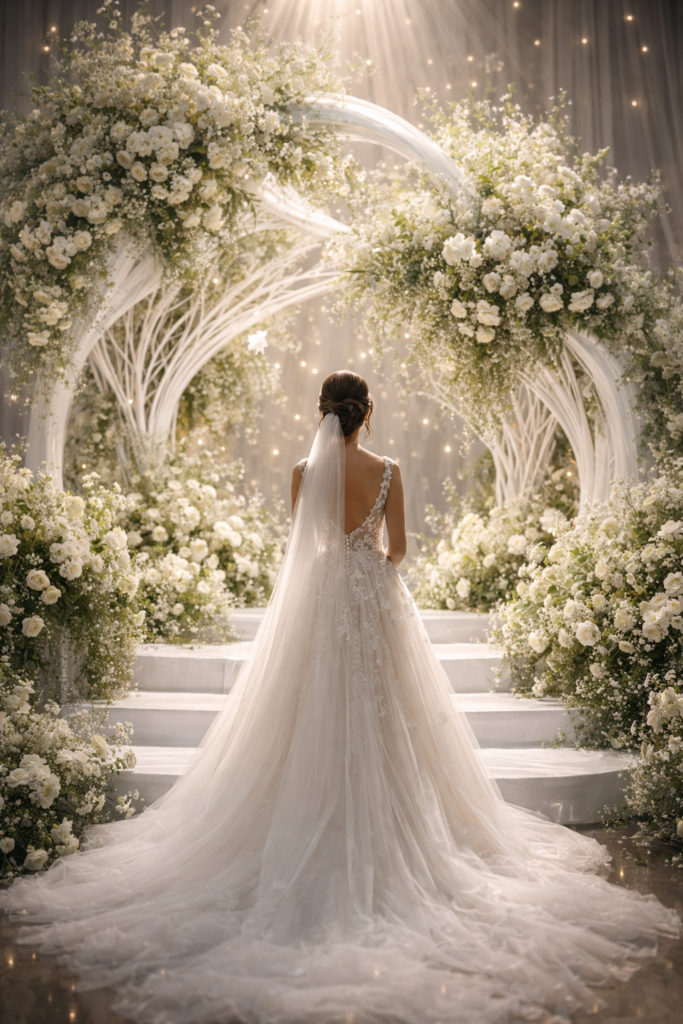 noiva no altar de casamento 2026 com arco floral elegante e decoração sofisticada com iluminação suave