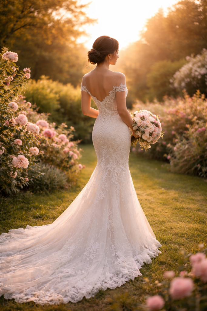 noiva com vestido de noiva sereia em jardim ao por do sol segurando buque