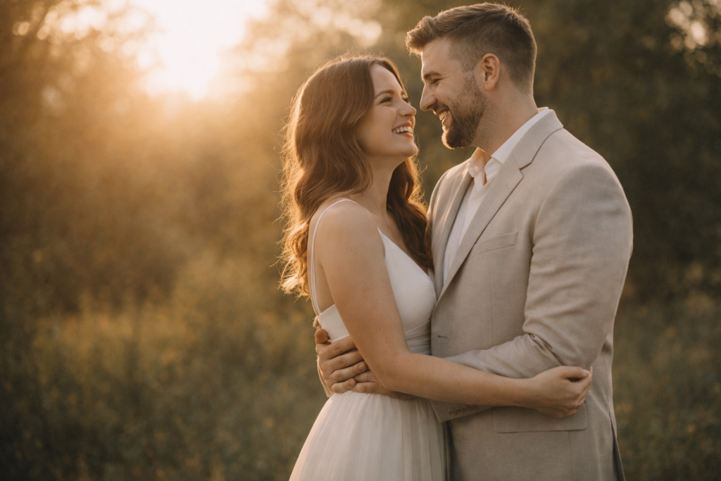 noivos naturais e sorridentes em foto de ensaio pré wedding no campo