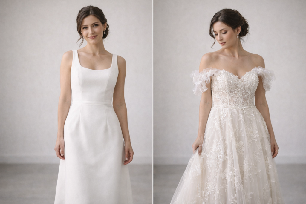 Duas noivas com estilos diferentes de vestido para casamento civil — comparação de escolhas