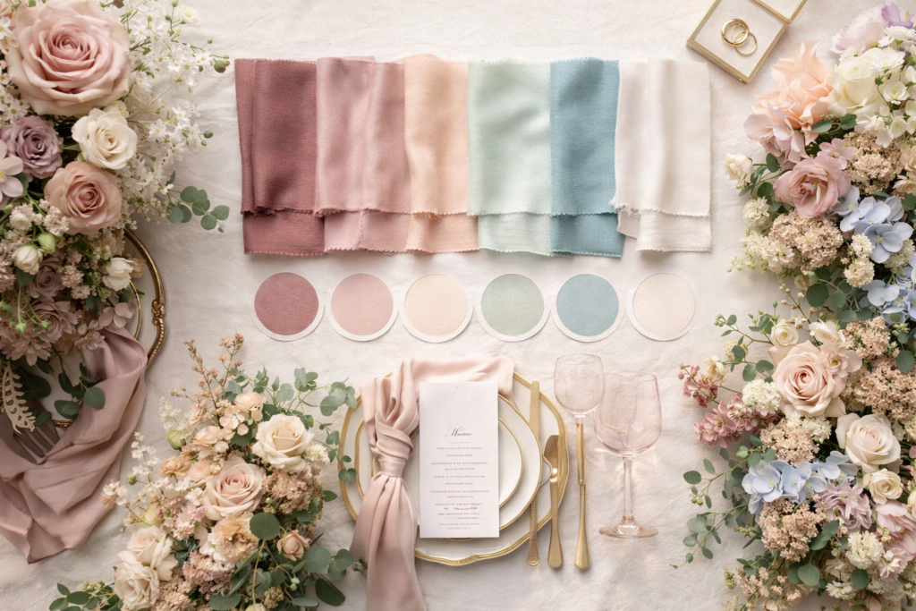 paleta de cores casamento 2026 com combinação elegante e elementos de planejamento
