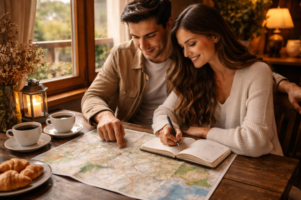 casal planejando lua de mel em Gramado com caderno e mapa da Serra Gaúcha