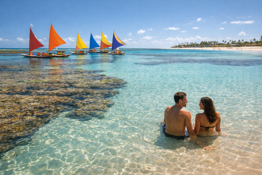 casal sentado em água cristalina nas piscinas naturais de porto de galinhas com jangadas ao fundo