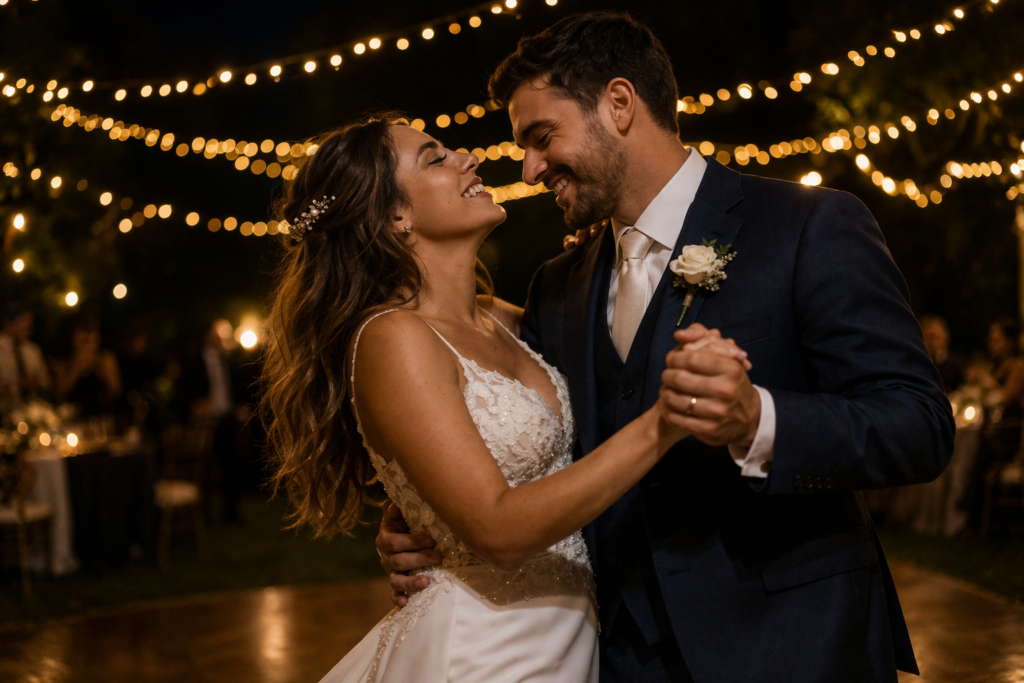 casal de noivos dançando na recepção com luzes douradas ao fundo