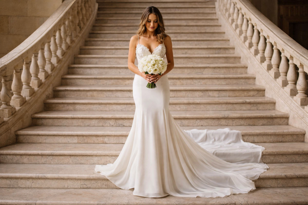 noiva descendo escadaria com vestido longo e buquê de flores brancas